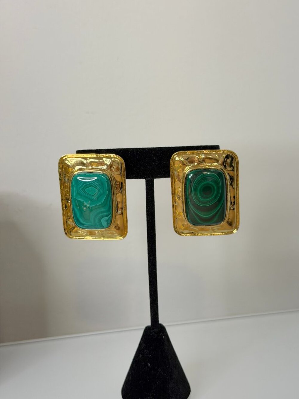 Malachite Earrings Rectangle Gold Plated Textured Bold Statement Jewelry